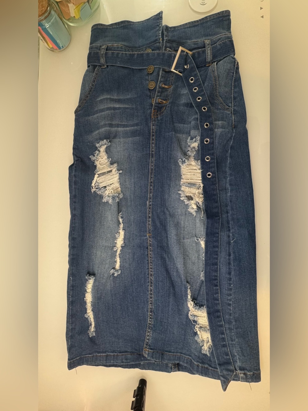 Machine Distressed Dark Blue Denim Women's Overall Skirt with Grommet Belt